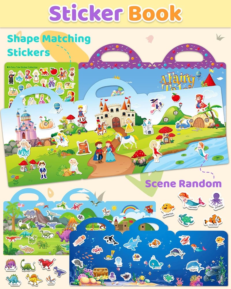 Benresive Reusable Sticker Books for Kids, Sticker Books for Toddlers, Toddler Travel Toys Activities Crafts Ages 3 and Up Birthday Gifts - Ocean, Fairy and Dinosaur - Image 2